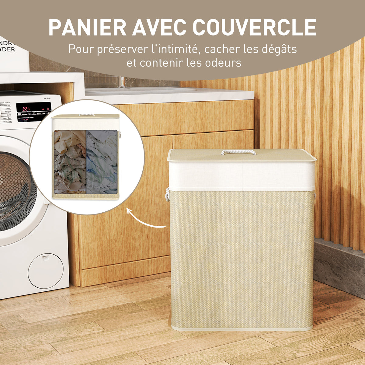 Panier à linge double avec couvercle, panier à linge en bambou 100 L avec poignées en corde-4