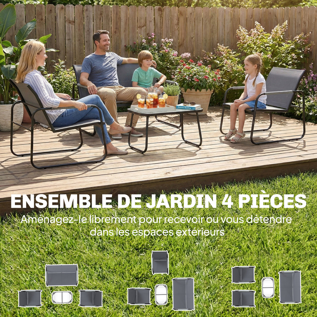 Salon de Jardin Ensemble de Terrasse en Acier et Textilène 4 Pièces avec Accoudoirs Corde Tressée Gris-3