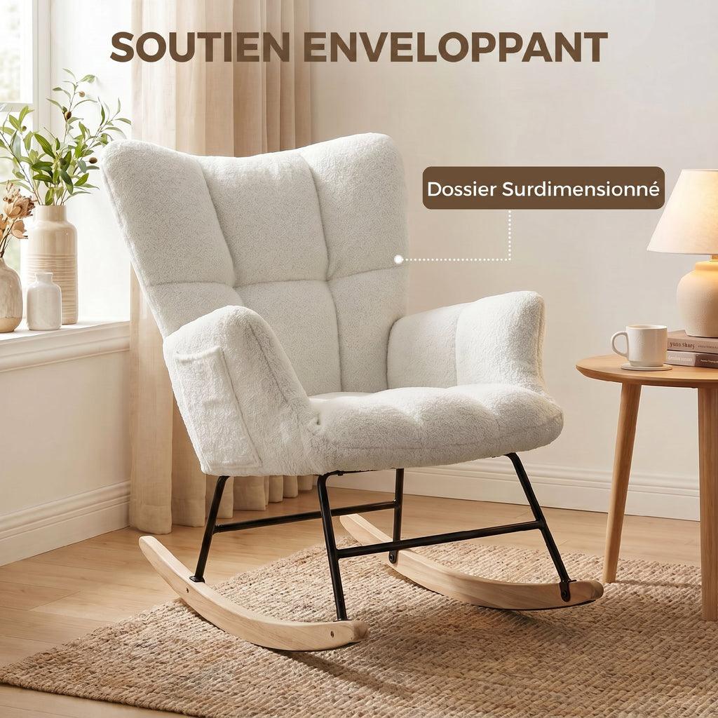 Fauteuil à Bascule, Rocking Chair en Peluche Teddy, Poches Latérales, Dossier à Oreilles Capitonné, Crème-4