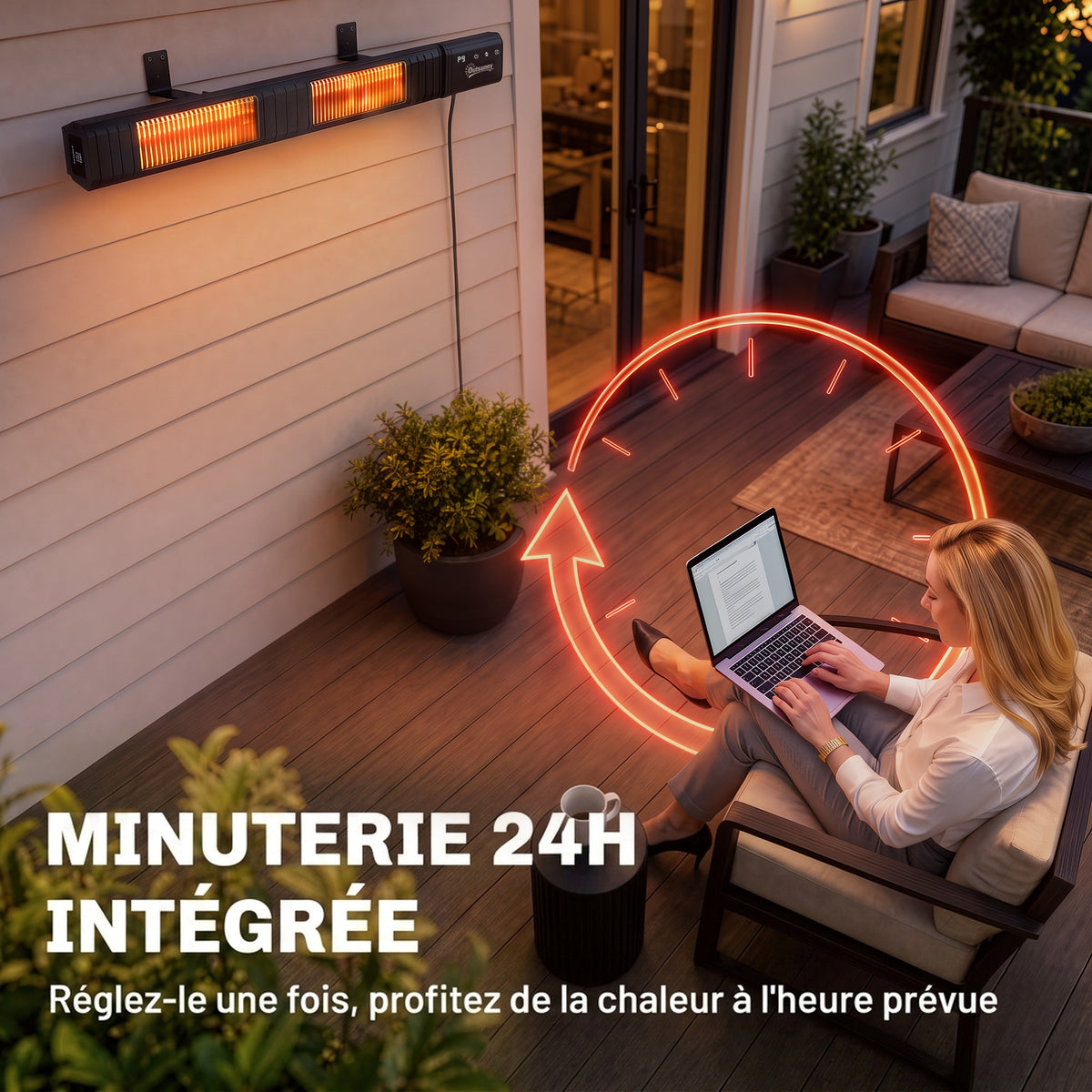 Radiateur Infrarouge 3000W Mural IP65, Télécommande, Écran LED, Minuterie, 9 Niveaux, 102,4 x 10 x 5,5 cm, Noir-5