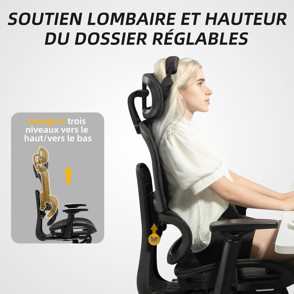 Fauteuil de bureau, chaise de bureau ergonomique en maille avec accoudoirs 3D, dossier inclinable, 66x64x122 cm, noir-7