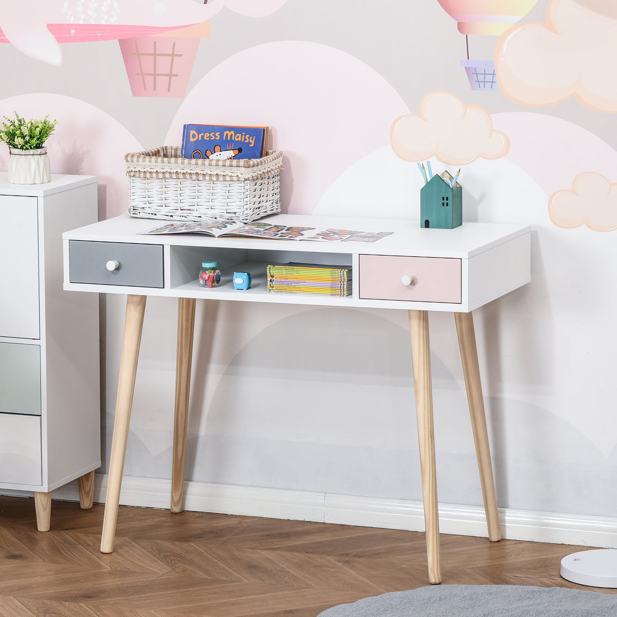 Bureau enfant style scandinave avec tiroir et compartiment de rangement 100L x 48l x 76,5H cm MDF et pin blanc gris et rose-1