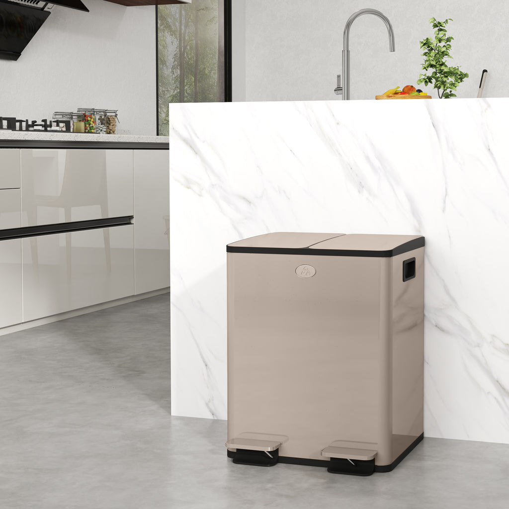 Poubelle de cuisine 2 compartiments de 2 x 20L, acier inoxydable, couvercle à fermeture douce, 45,8x36x51,6cm, or-1