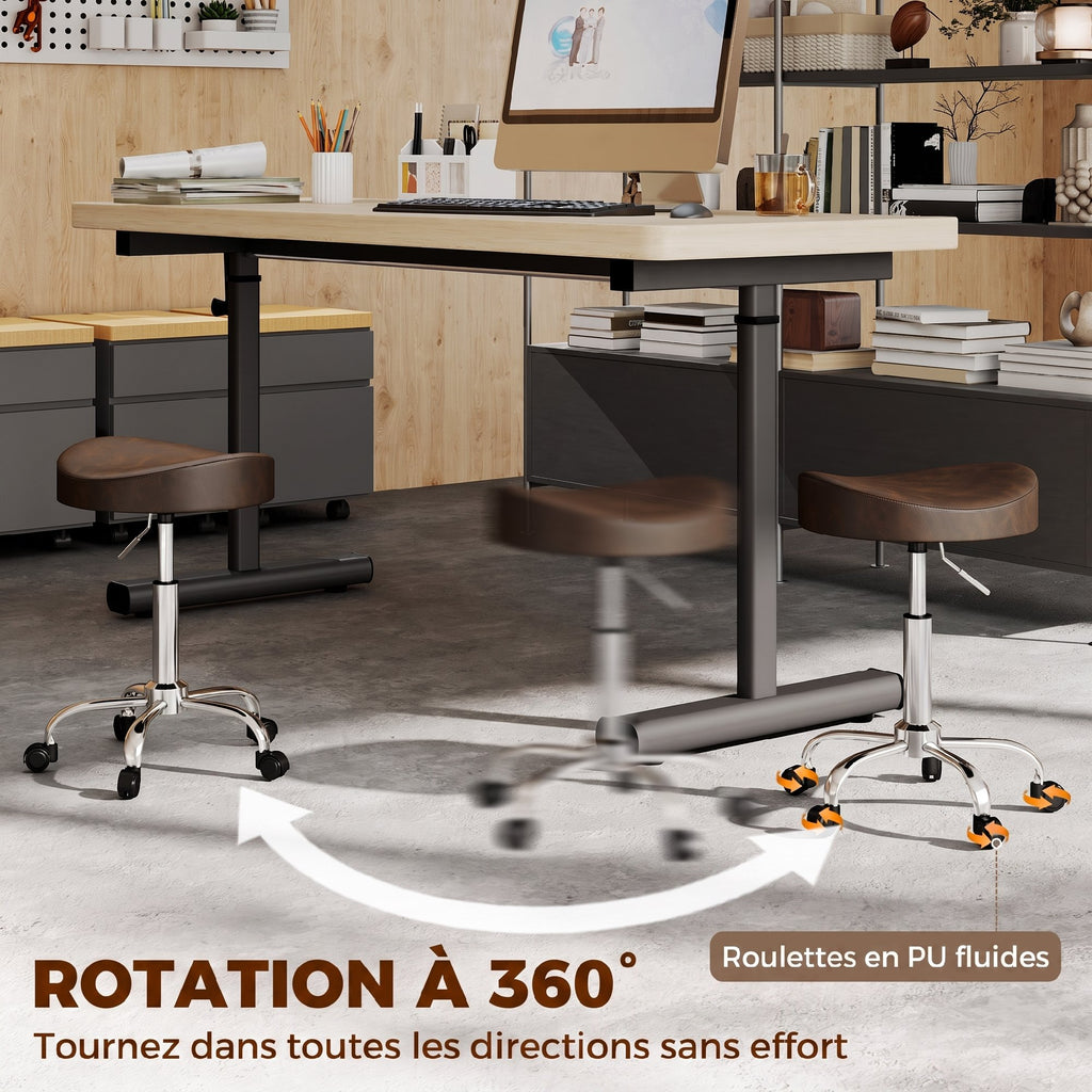 Tabouret à roulettes, tabouret de salon avec hauteur réglable 51-66 cm et assise rembourrée, pivotant 360°, marron-5
