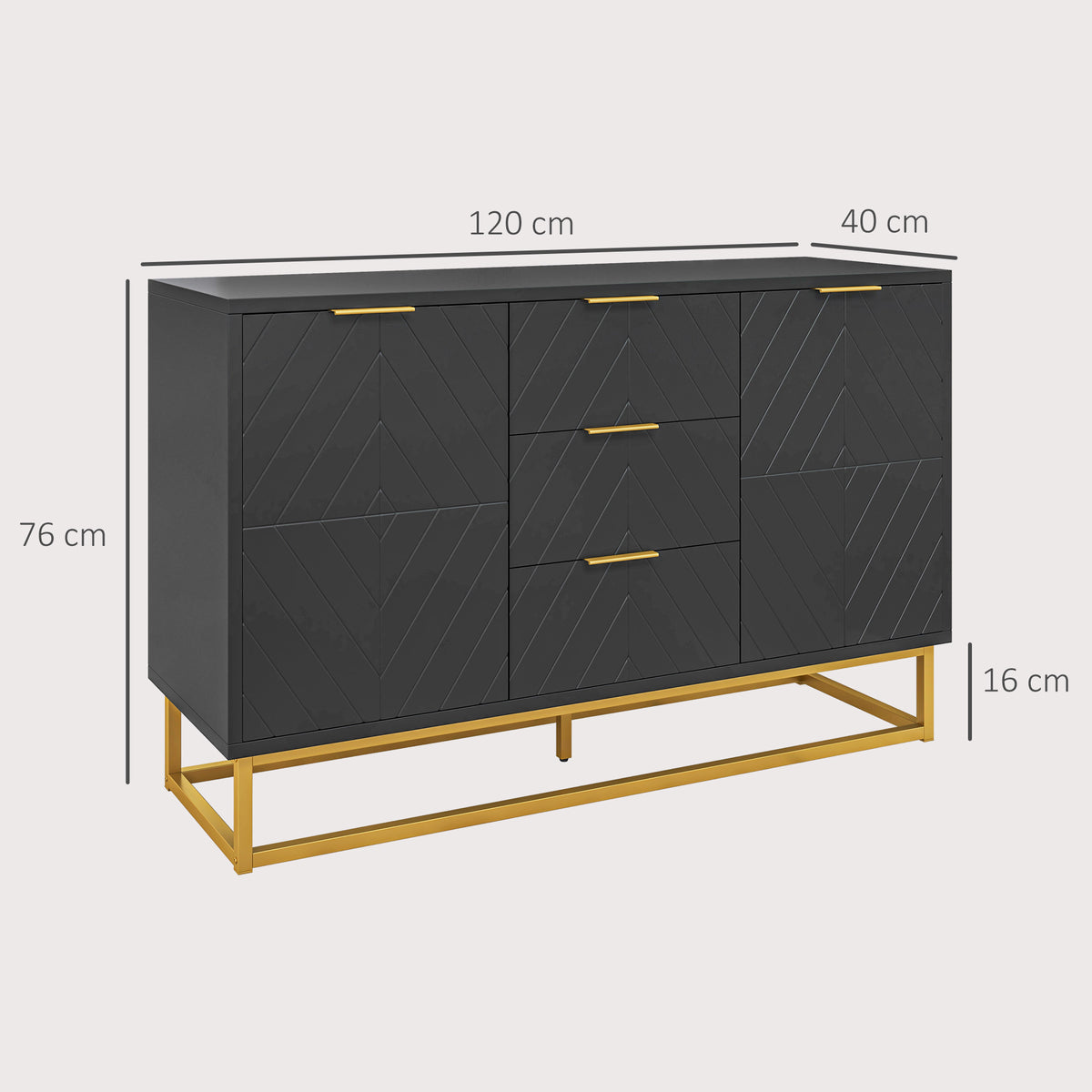 Buffet design contemporain graphique 2 placards porte étagères réglables 3 tiroirs coulissants en bois noir métal doré-2