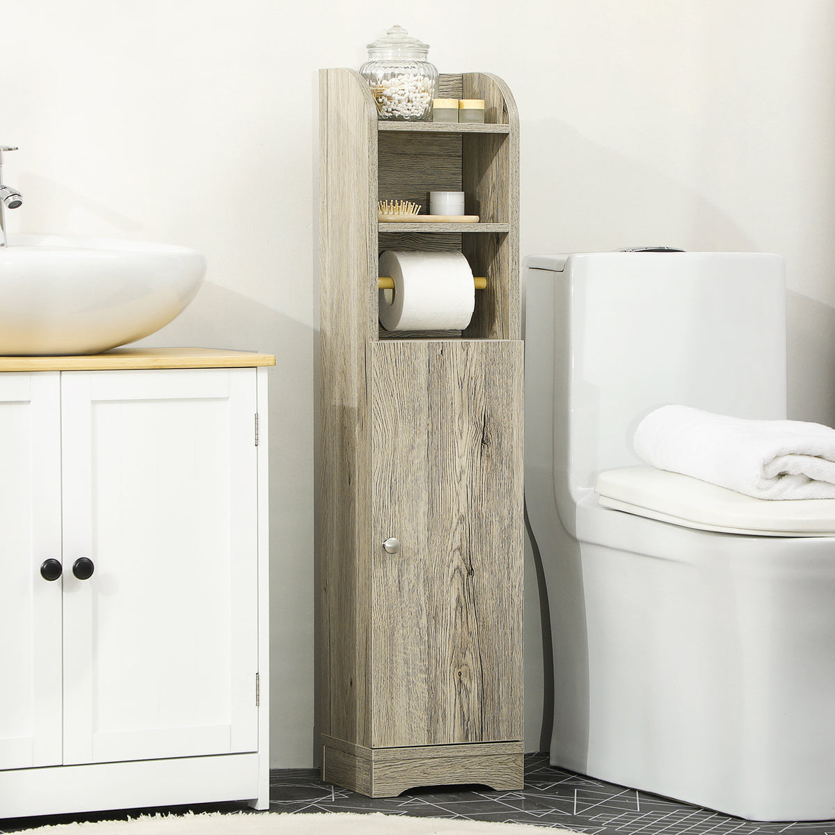 Meuble bas de salle de bain 1 étagère supérieure ouverte 2 compartiments et 1 placard 23 x 18 x 100 cm gris-1