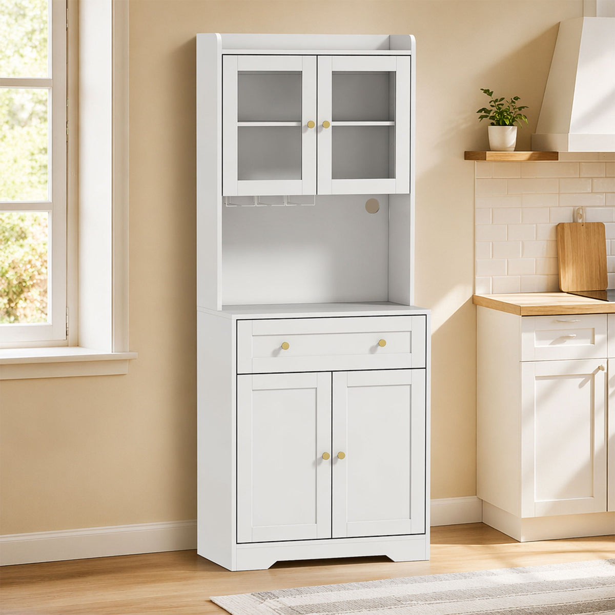 Buffet Haut Cuisine, Armoire de Cuisine, 4 Portes, Tiroir, Plan de Travail et Étagères Réglables, Blanc-1