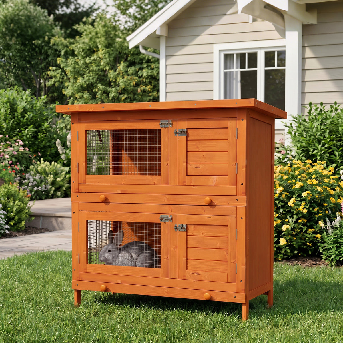 Clapier à lapin cage à lapin double niveau plateaux coulissants 4 portes verrouillables toit ouvrant 90L x 45l x 90H cm-9