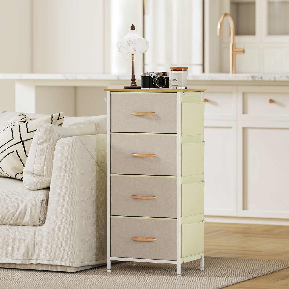 Commode 4 tiroirs en tissu, meuble de rangement avec 4 poches, 2 crochets, structure en acier, 45 x 30 x 94,5 cm, beige-8