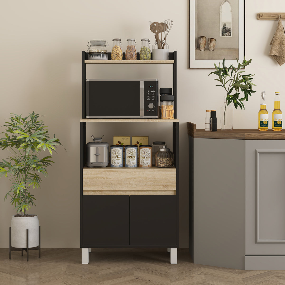Meuble micro onde, buffet cuisine avec placard tiroir étagère supérieur, 60 x 40 x 131 cm chêne et noir-9