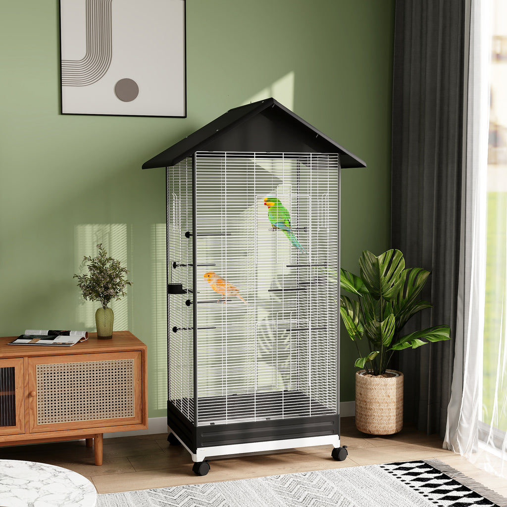 Cage oiseau sur pied volière oiseaux intérieure sur roulettes 2 mangeoires 8 perchoirs 79 x 65 x 155 cm fil d'acier noir-1