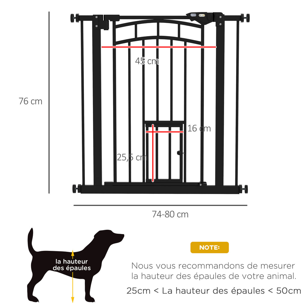 Barrière de sécurité animaux chien porte fermeture automatique sans perçage de 74 à 80 cm acier noir-2