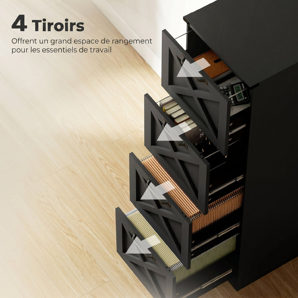 Caisson de Bureau avec 4 Tiroirs, Dossiers Suspendus pour Formats Lettre/A4, Style Rustique, 40x40x131cm, Noir-4