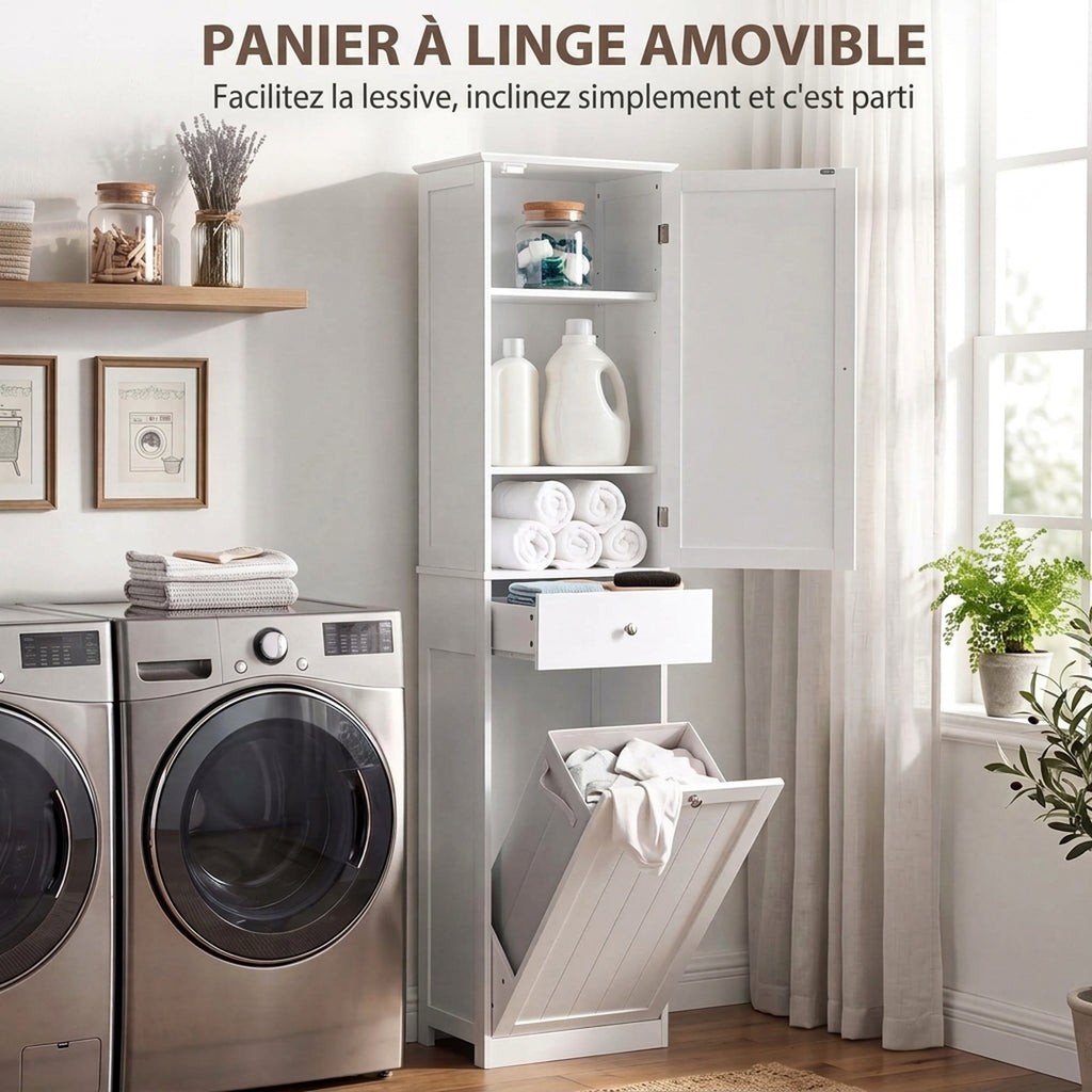 Meuble de Salle de Bain avec Tiroir, Panier à Linge, Étagère Réglable, Style Moderne, 45 x 30 x 180 cm, Blanc-4