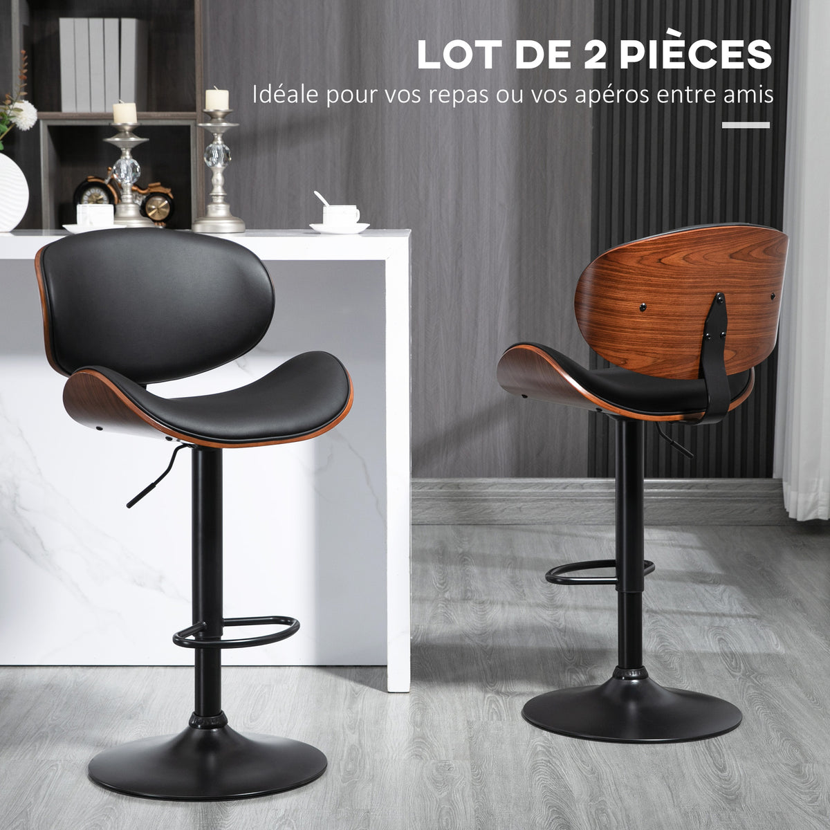 Lot de 2 chaises de bar tabouret hauteur réglable revêtement synthétique 53 x 52 x 92-112 cm noir-3