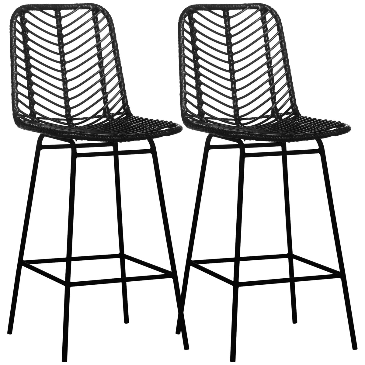 Lot de 2 tabourets de bar design bohème hauteur 66 cm avec repose-pieds métal et rotin PE - noir-0