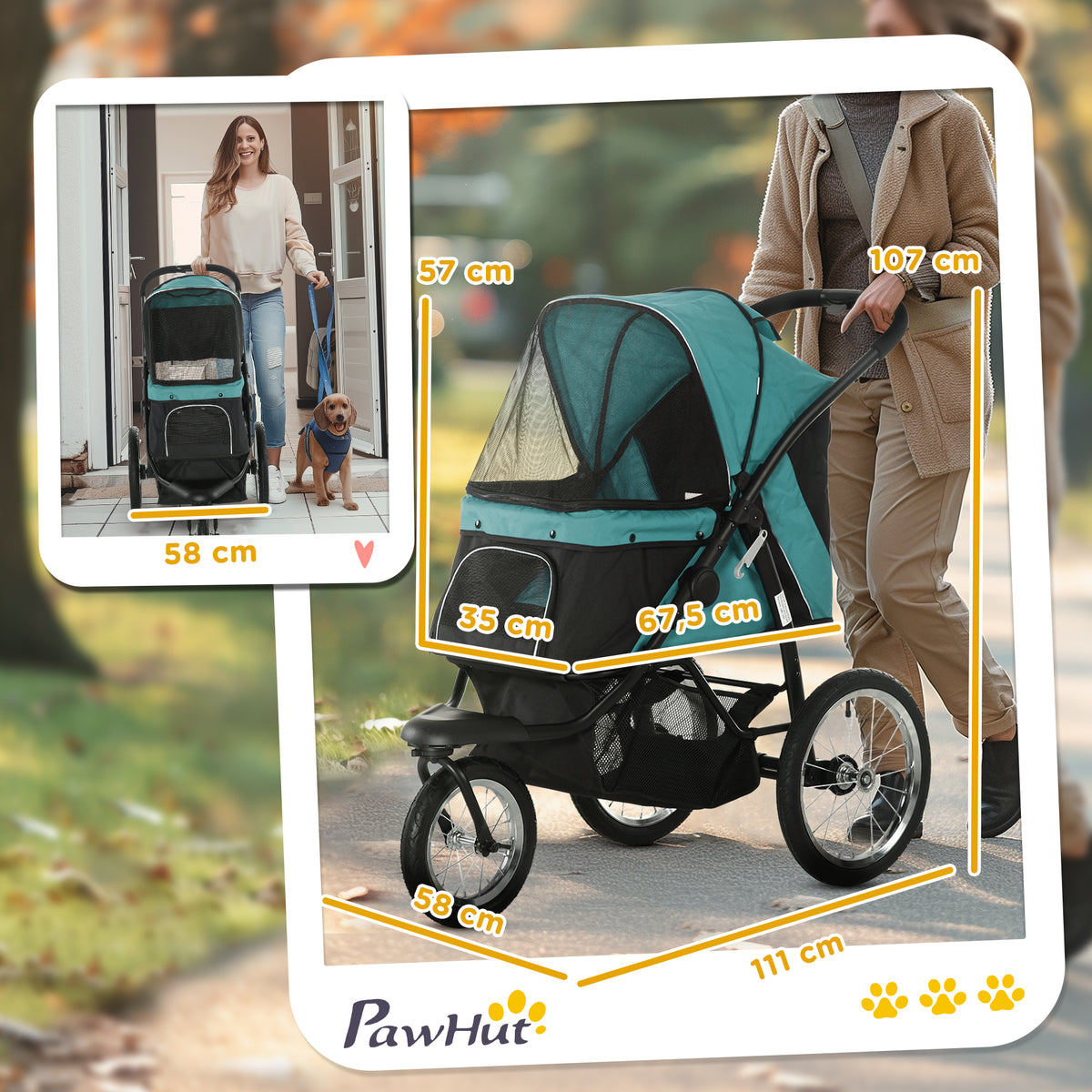 Poussette pour Chien Pliable Tout Terrain, Roue Avant Verrouillable, Coussin, Auvent Réglable, 111x58x107cm, Vert Foncé-2