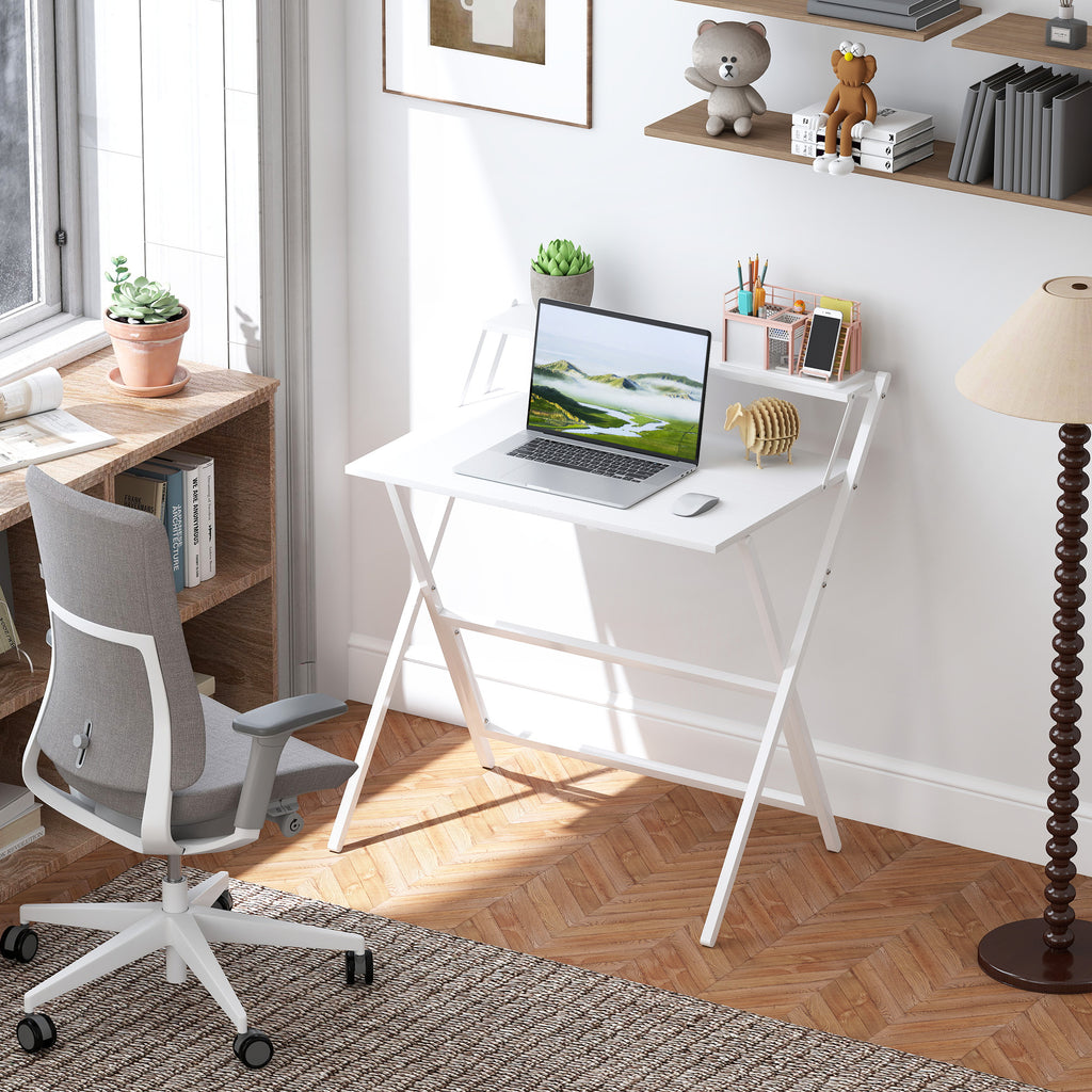 Bureau pliable 75,5 x 50 cm avec étagère de rangement pour chambre, petits espaces, blanc-9