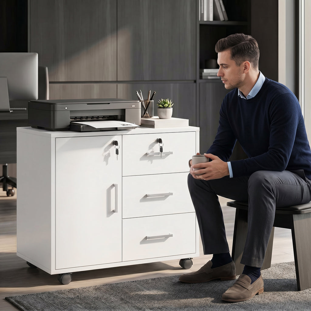Caisson bureau meuble de rangement verrouillable avec 3 tiroirs et étagère réglable, roulettes, 40 x 60 x 56 cm, blanc-9