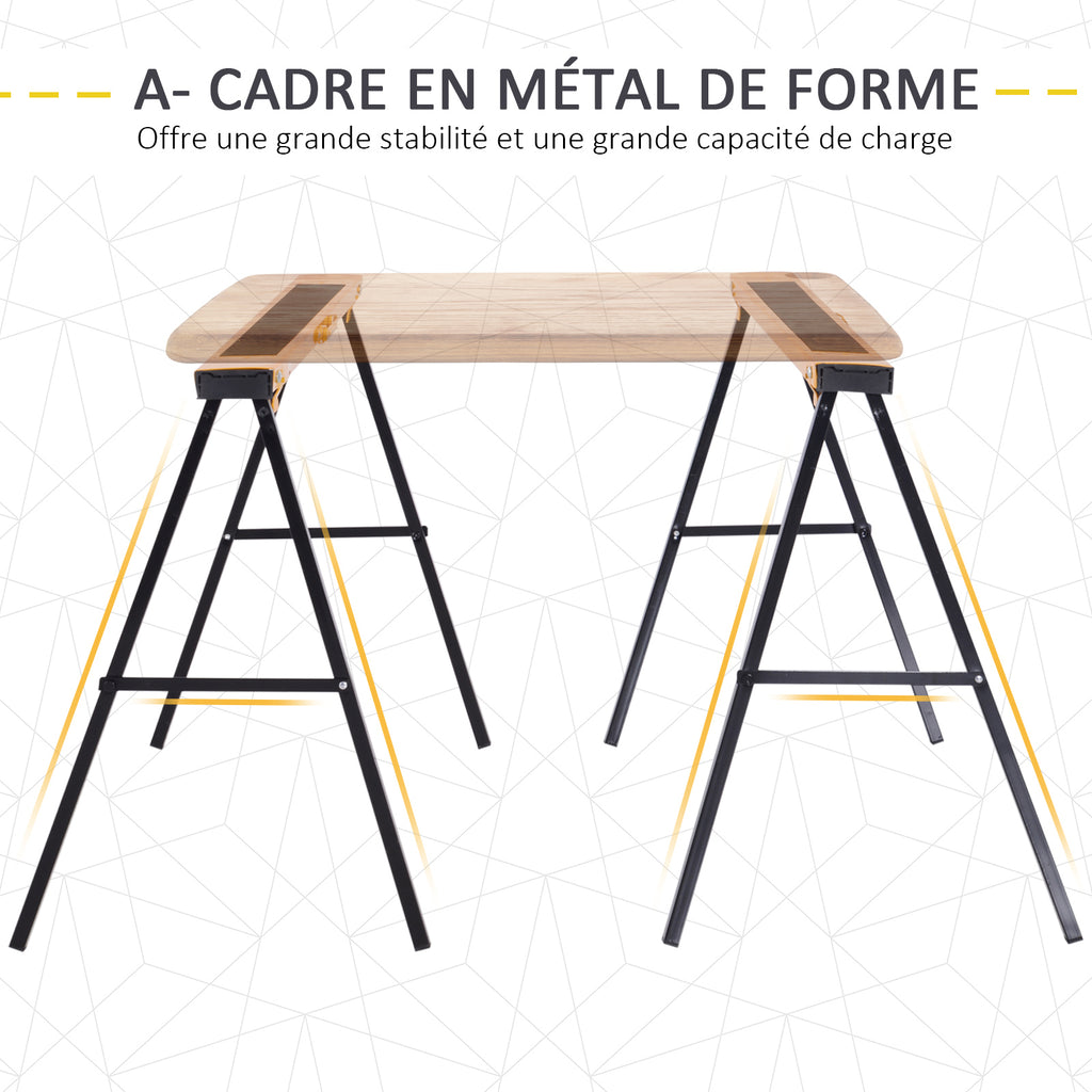 Lot de 2 tréteaux pliables compactes poignée transport dim. 100L x 50l x 76H cm surface antidérapante métal noir jaune-6