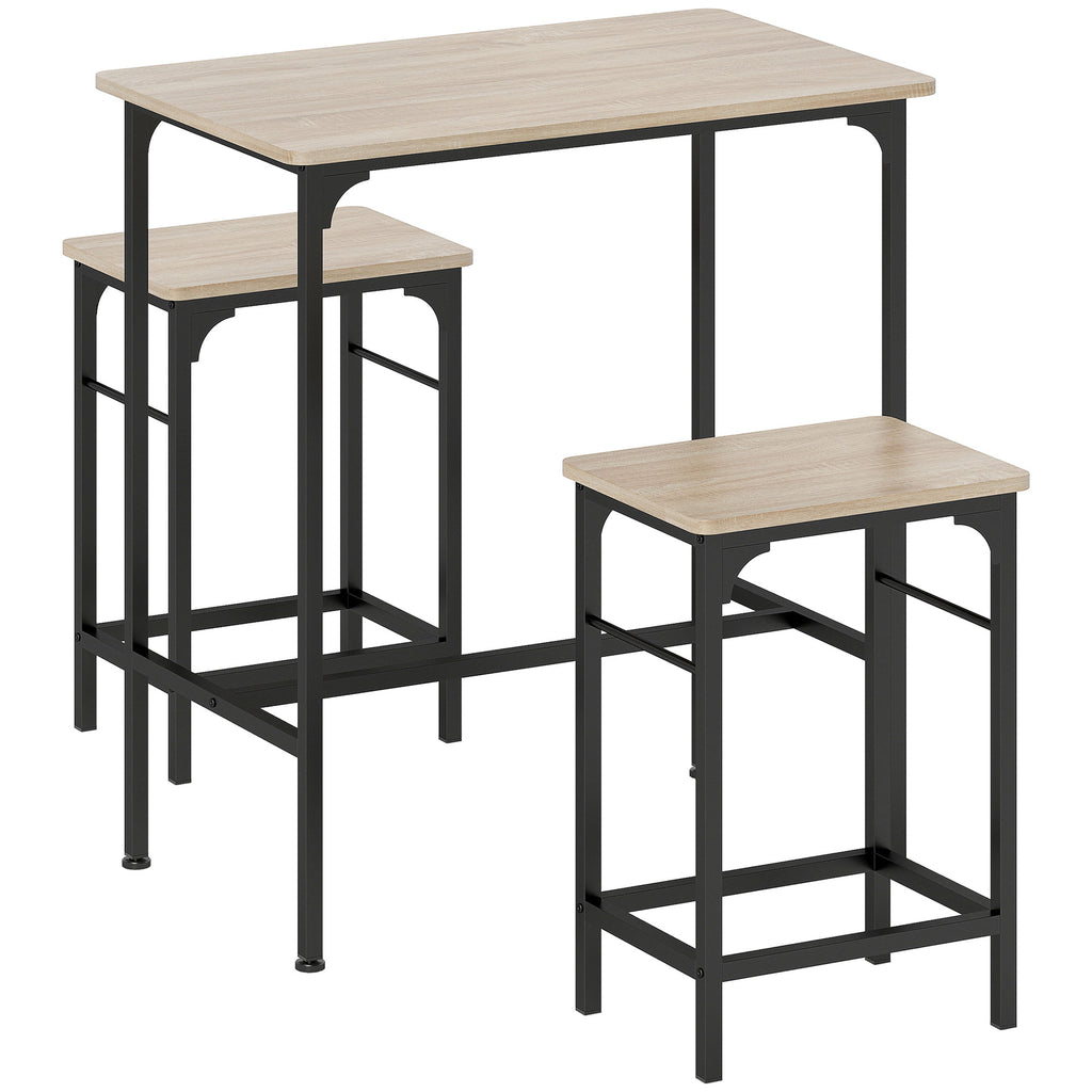 Ensemble table de bar avec 2 tabourets, cadre en acier pour cuisine, salle à manger et salon, effet bois naturel-0