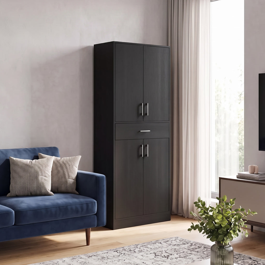 Buffet haut armoire de cuisine 4 portes 2 placards et 1 tiroir central hauteur 180 cm avec 2 étagères réglables noir-8