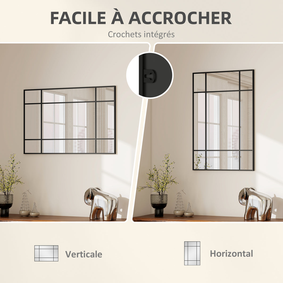 Miroir mural verrière rectangulaire style fenêtre, horizontal ou vertical avec 4 crochets, en métal noir - 90x60 cm-4