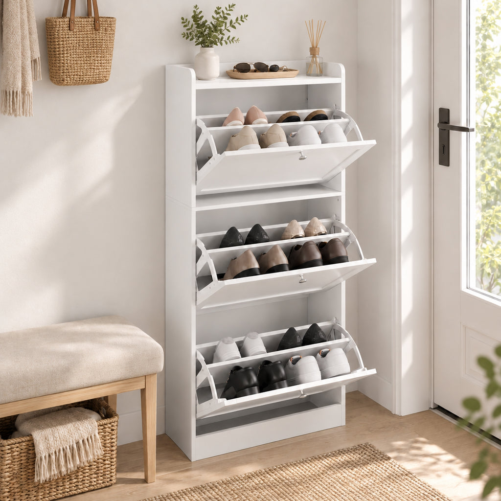 Meuble à Chaussures 15 Paires, Armoire à Chaussures avec 3 Tiroirs, Étagères Réglables et Plateau Supérieur, Blanc-8