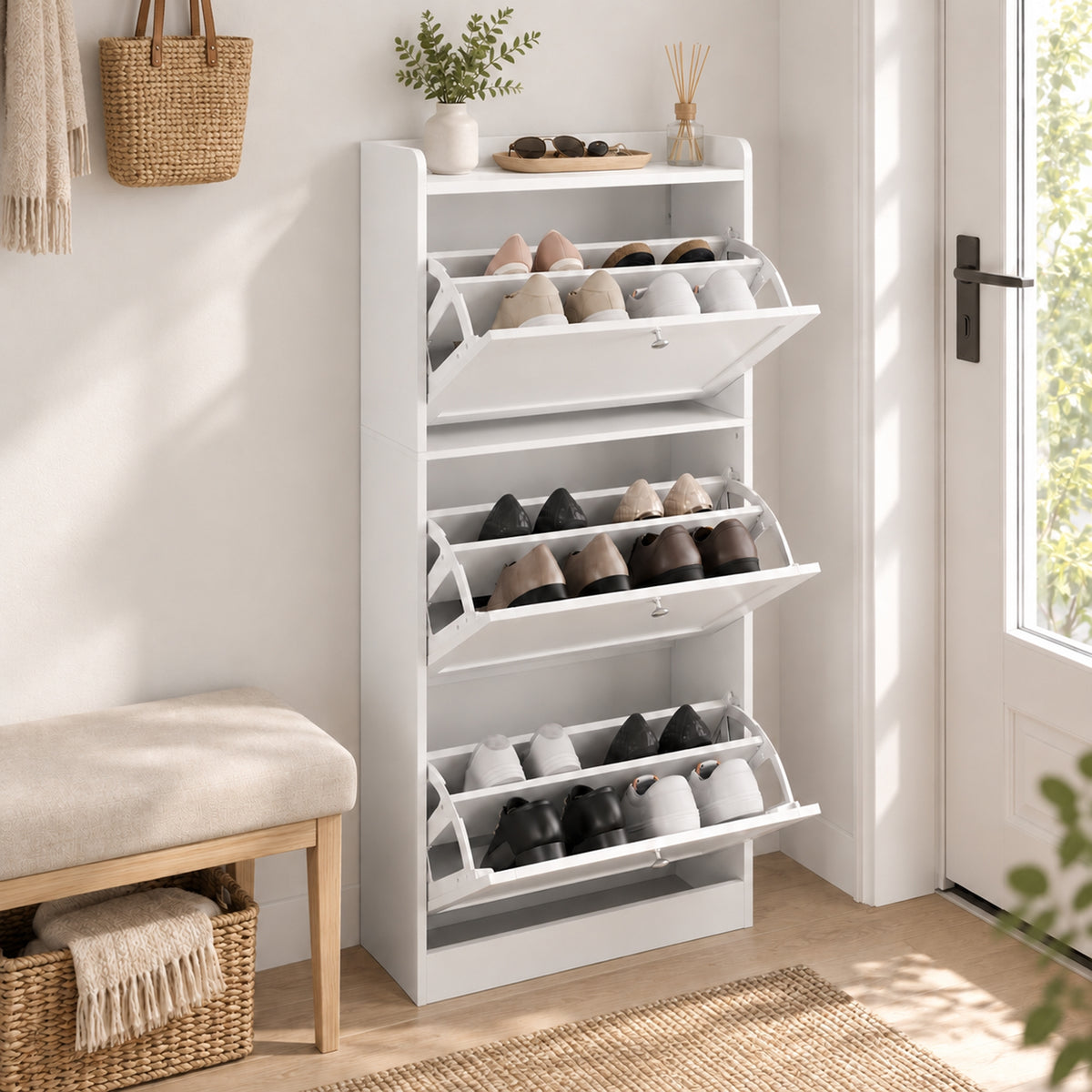 Meuble à Chaussures 15 Paires, Armoire à Chaussures avec 3 Tiroirs, Étagères Réglables et Plateau Supérieur, Blanc-8