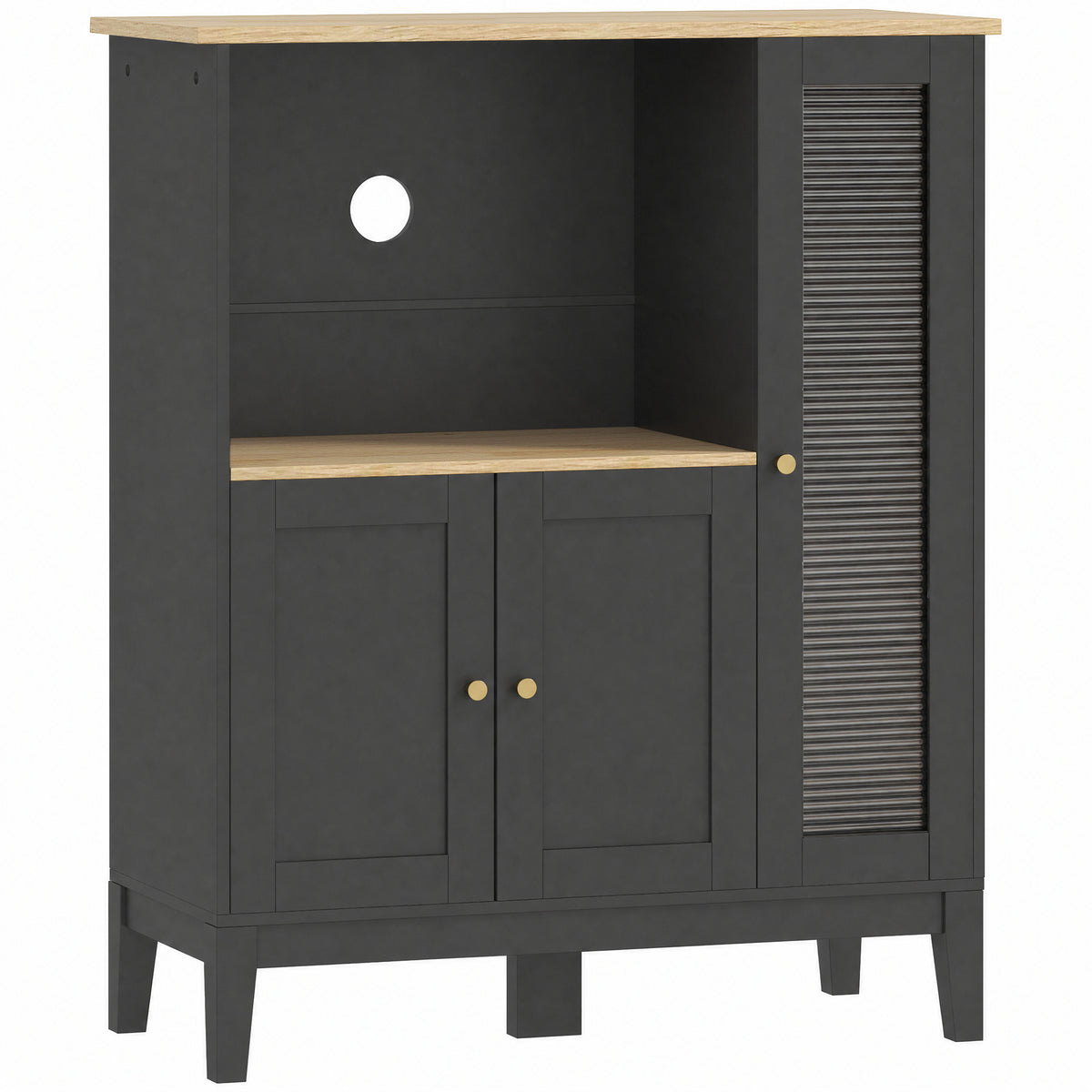 Meuble armoire micro-ondes pour cuisine avec 1 niche, 3 portes passe-câbles 80 x 35 x 97 cm noir et aspect bois-0