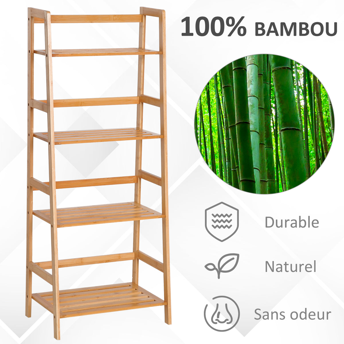 Etagère échelle en bambou 4 niveaux bibliothèque style naturel 48L x 31,5l x 120H cm-3