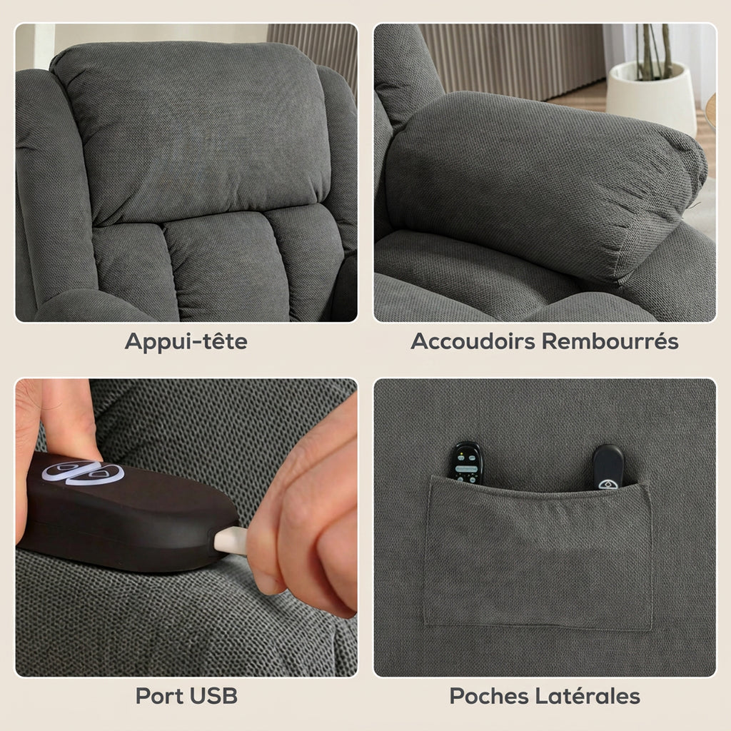 Fauteuil releveur électrique massage et chauffage avec repose-pied, dossier inclinable, télécommande et poche latérale-6