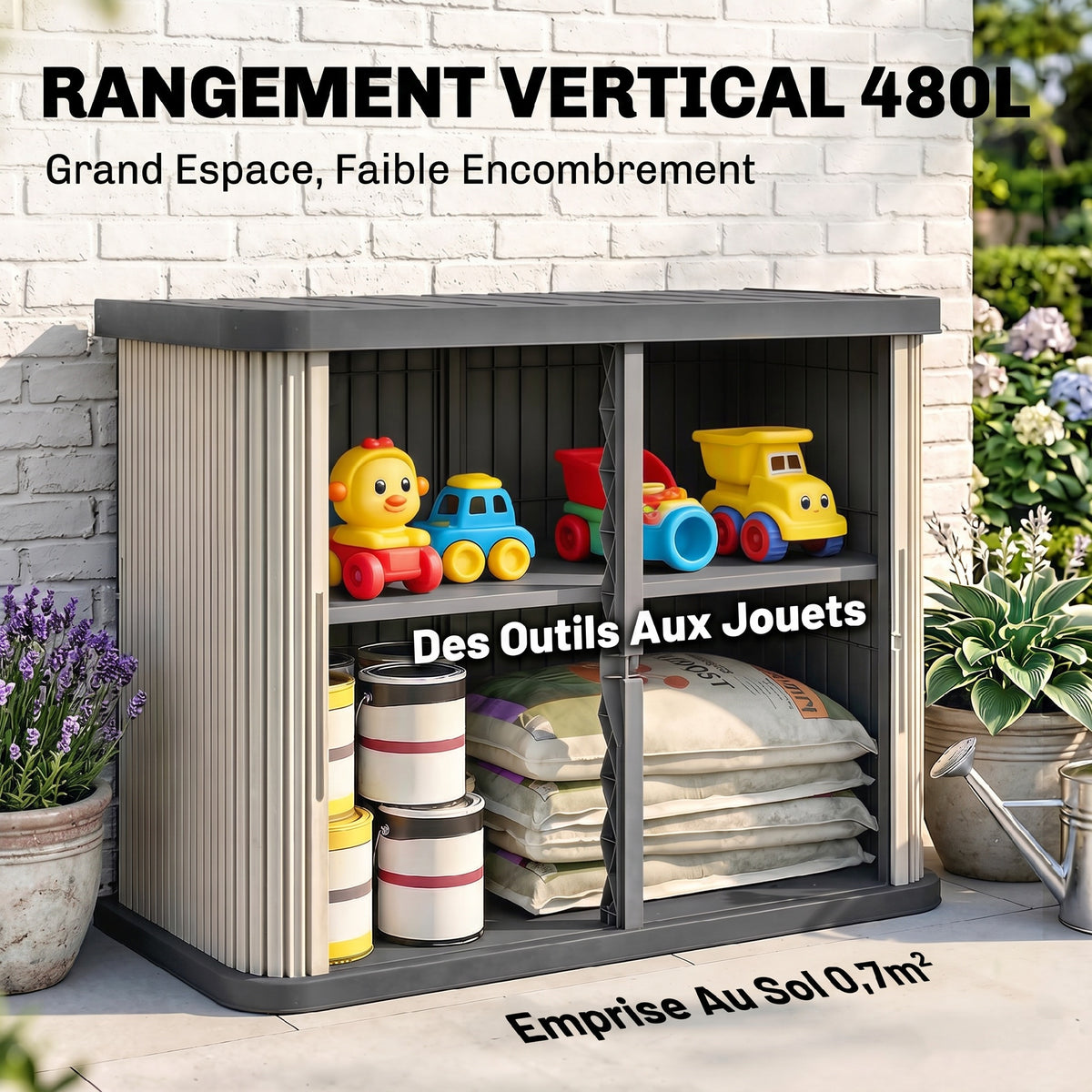 Coffre de Rangement Extérieur 480 L, 2 Niveaux avec Portes Coulissantes Résistant aux UV, 120,5x59,5x92cm, Gris-3