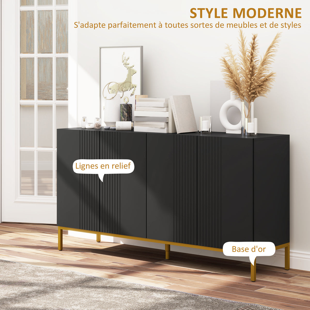 Buffet design contemporain graphique 2 placards porte étagères réglables en bois noir métal doré-3