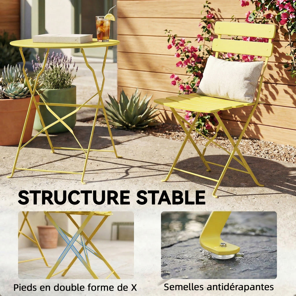 Ensemble Bistrot de Jardin 3 Pièces Table et 2 Chaises Pliantes à Lattes Double Protection Antirouille Jaune-7