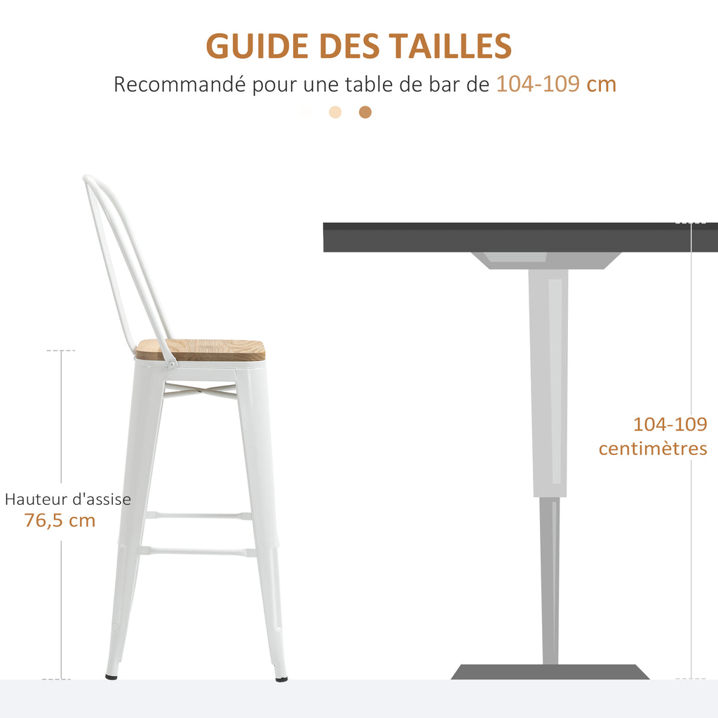Lot de 4 tabourets de bar industriel avec dossier repose-pied hauteur assise 76 cm métal crème-5