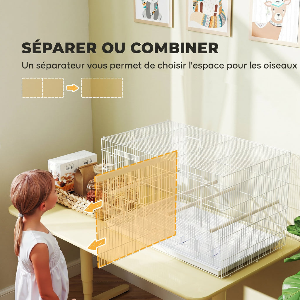 Cage à Oiseaux Volière Intérieur Acier avec Séparateur, 4 Perchoirs, Plateau Coulissant, 4 Mangeoires, 76x46x46cm, Blanc-3