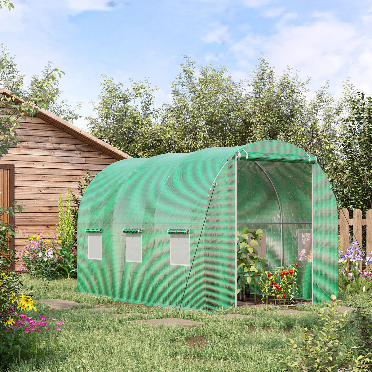 Serre de Jardin Tunnel Surface Sol 6 m² 3L x 2l x 2H m acier Porte zippée 6 fenêtres enroulables Vert-1