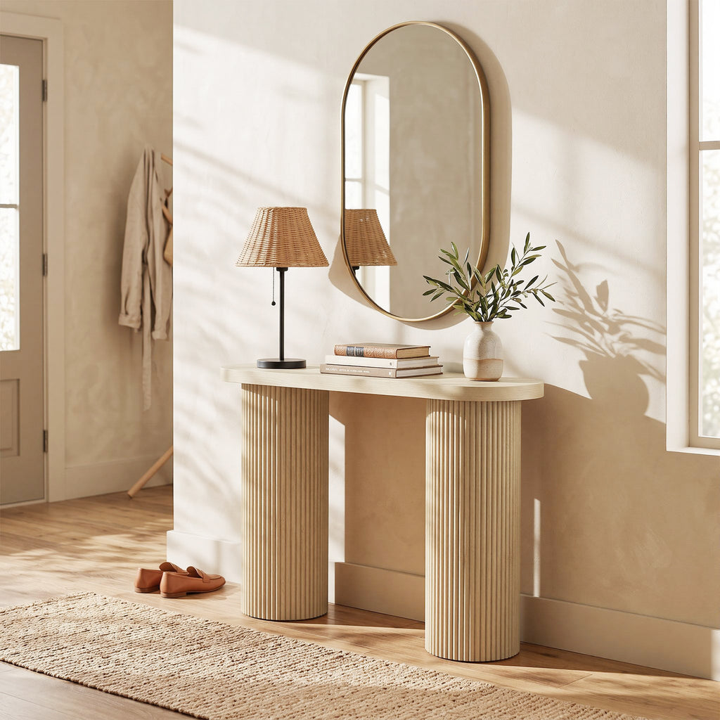 Table Console Cannelée, Rangement Dissimulé, Pieds Colonnes, Style Rustique, Console d'Entrée Étroite, 103x35x80cm Chêne-7
