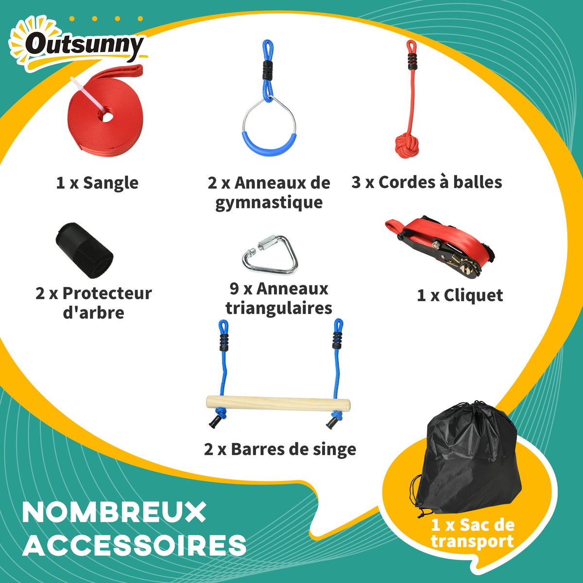Parcours d'obstacles ninja pour enfants 30 accessoires et sac de transport 10 m de slackline bleu noir rouge-3
