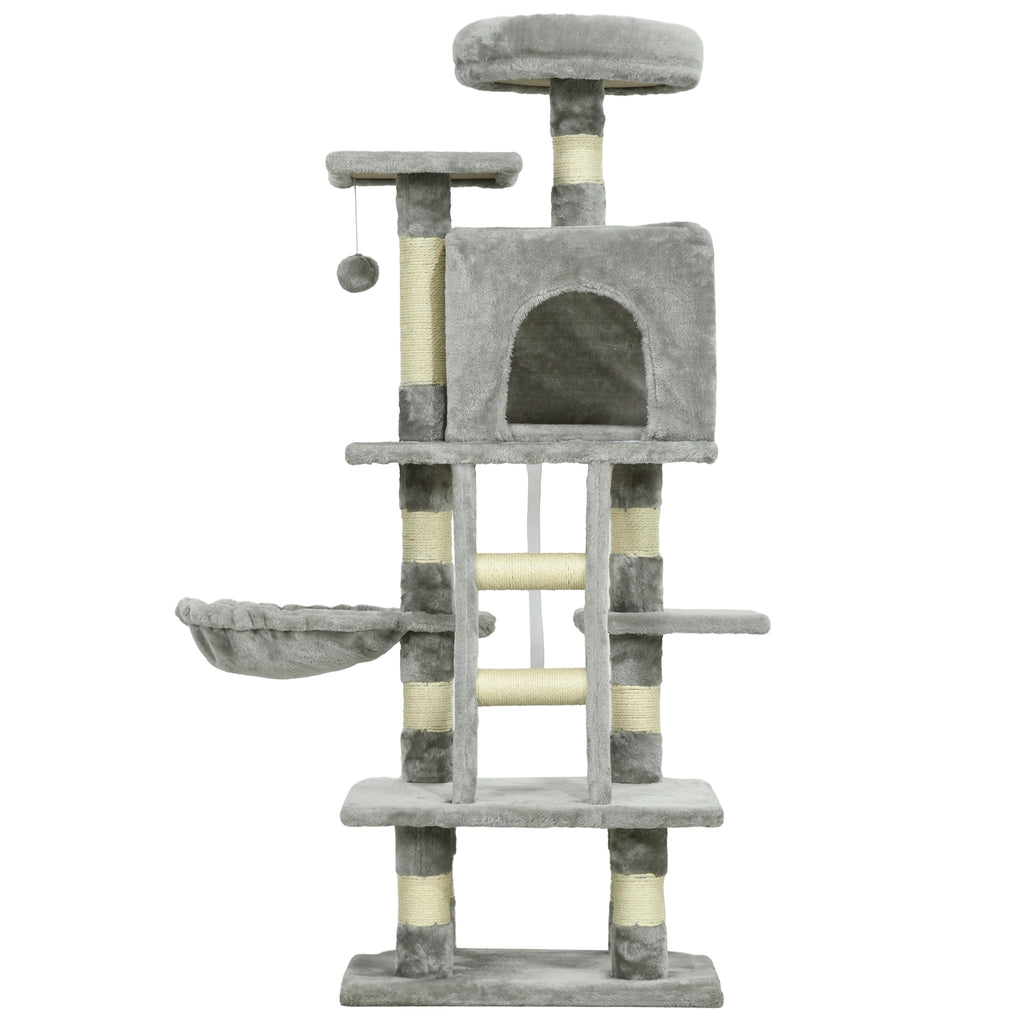 Arbre à chats multi-équipements griffoirs grattoirs niches plate-formes + échelle + hamac+ boule suspendue gris-0