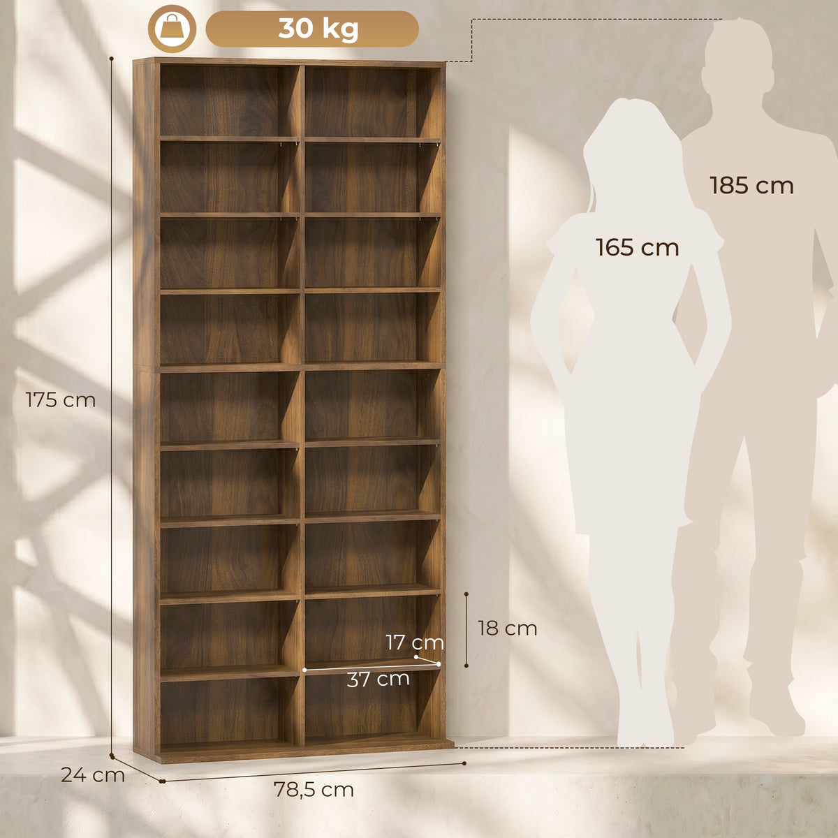 Rangements pour CD et DVD 18 compartiments capacité max. 640 CD/360 DVD 430 Blu-ray 78,5 x 24 x 175 cm noyer foncé-2