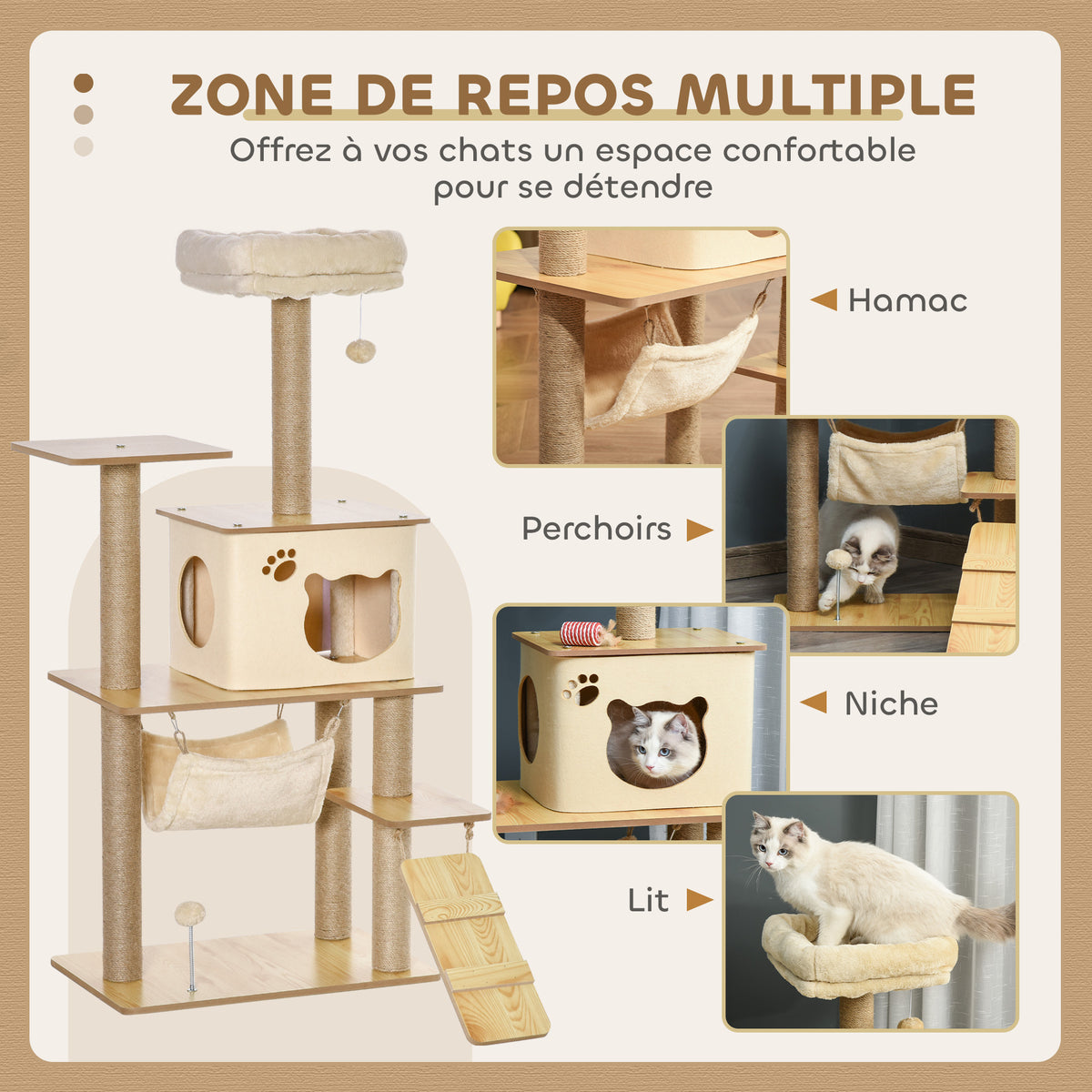Arbre à chat tour de jeux pour chat, platesformes, niche, lit, hamac, échelle et griffoirs en jute 60x40x130cm jaune-3