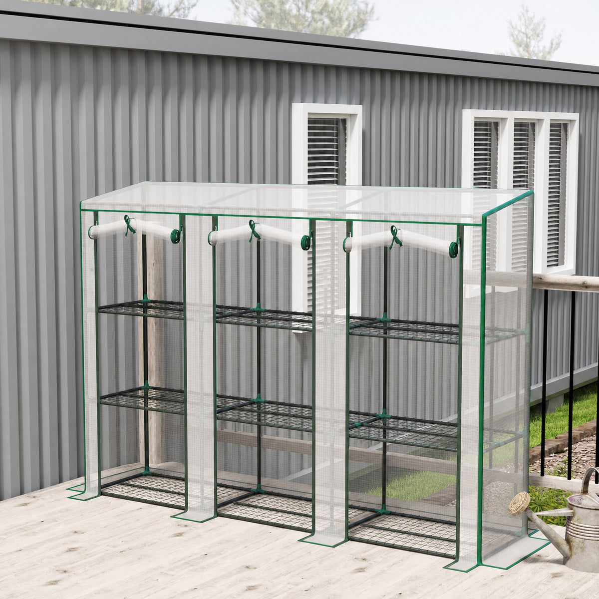 Serre de jardin avec étagères à 3 niveaux serre de balcon 3 portes enroulables zippées 215 x 46 x 151 cm blanc-1