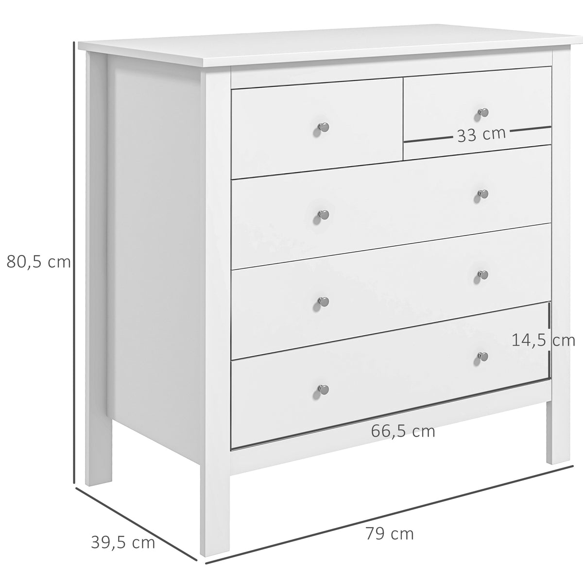 Commode à 5 tiroirs, meuble de rangement, avec poignées, glissières métalliques,  en bois, 79l x 39,5P x 80,5H cm, blanc-2