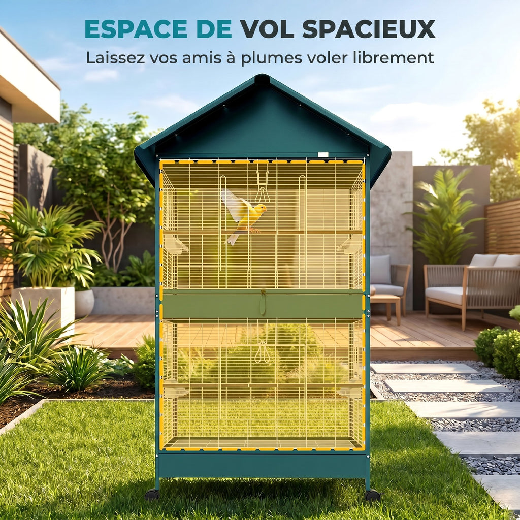 Cage à oiseaux sur roulettes avec séparateur amovible, 4 mangeoires et 2 perchoirs, 2 plateaux coulissants, 94x70x158cm-4