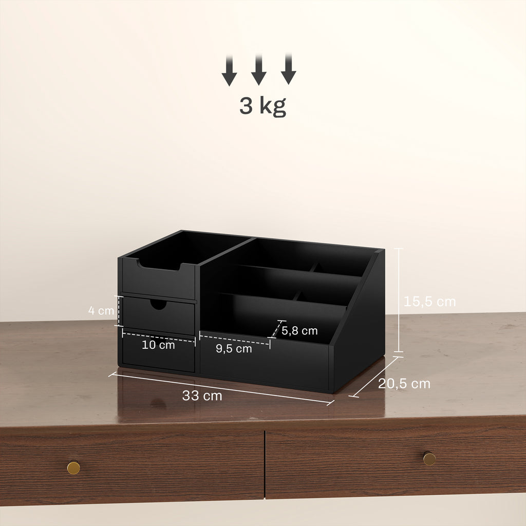 Boite de Rangement de Bureau - Organiseur de Bureau - 7 Compartiments, 2 tiroirs - Bambou Verni Noir-2