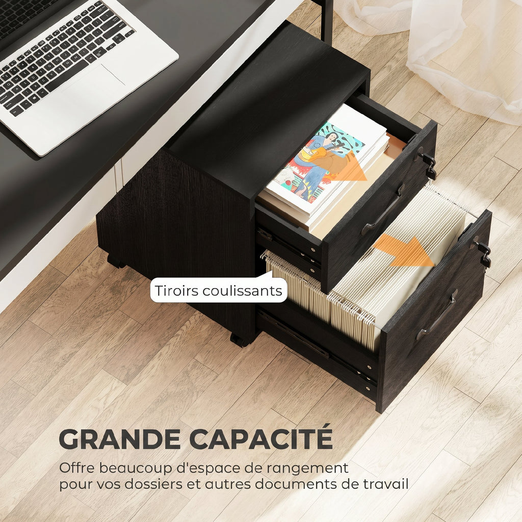 Caisson bureau mobile à 2 tiroirs, meuble rangement bureau sur roulettes pour documents suspendus format lettre, noir-3