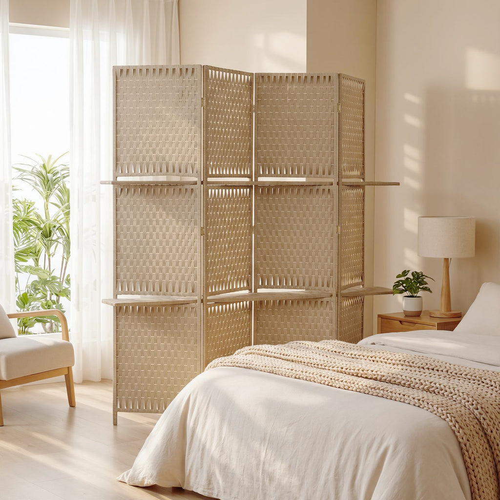 Séparateur de pièces 4 panneaux 2 étagères pliables naturel paille-8