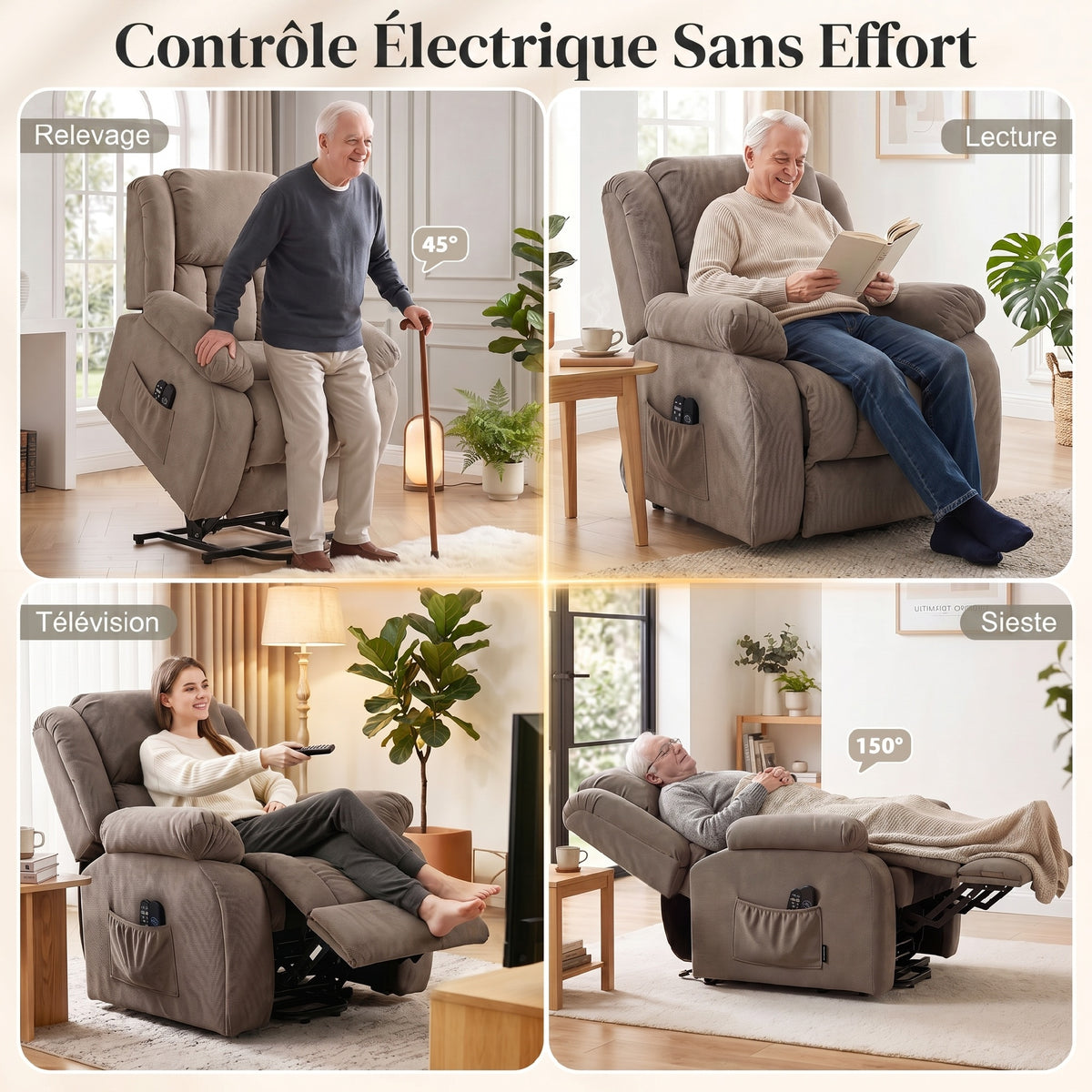 Fauteuil releveur électrique massage et chauffage avec repose-pied, dossier inclinable, télécommande et poche latérale-3